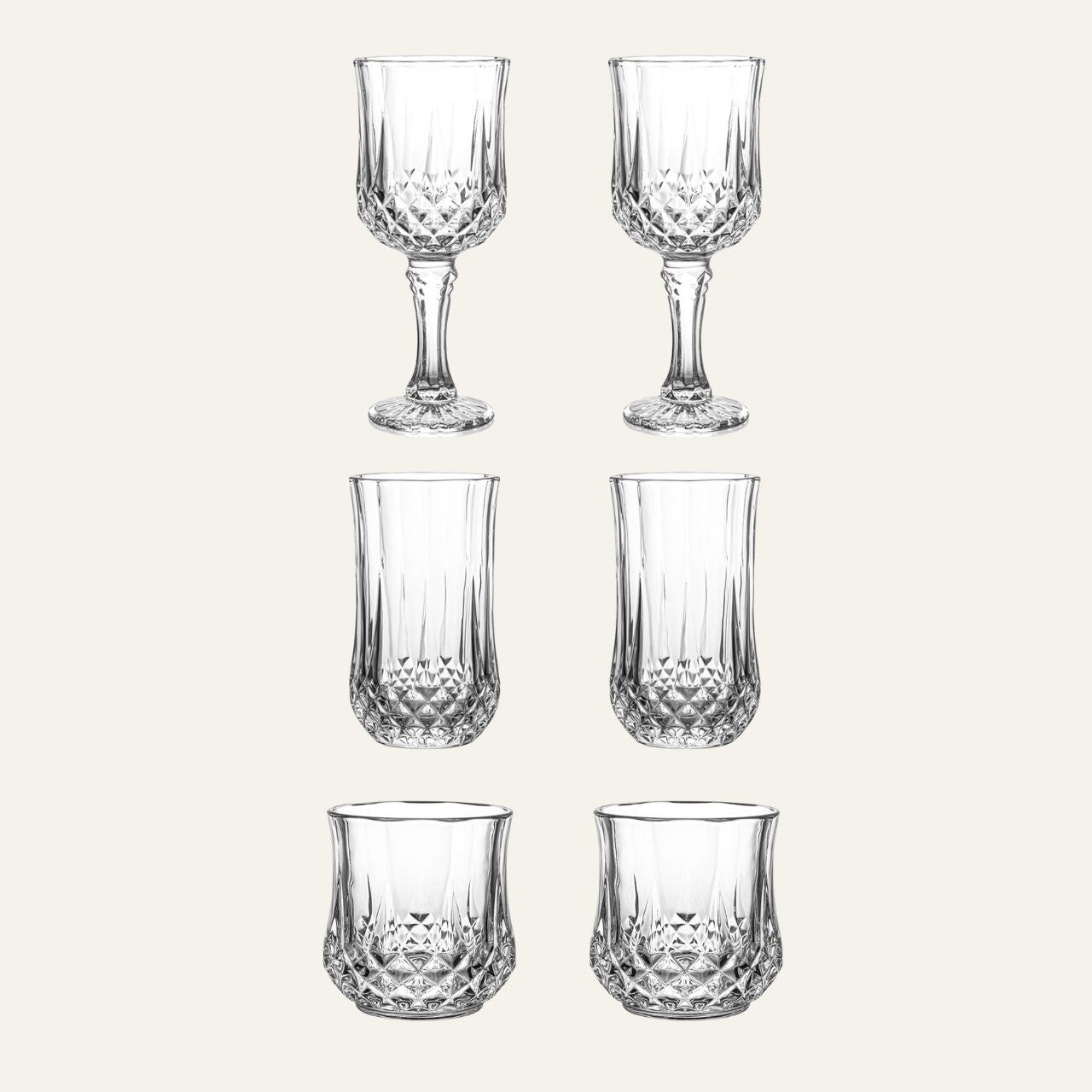 Sechsteiliges Luna Glas Set mit 2 langen, 2 kurzen und 2 Weingläsern im Vintage-Stil