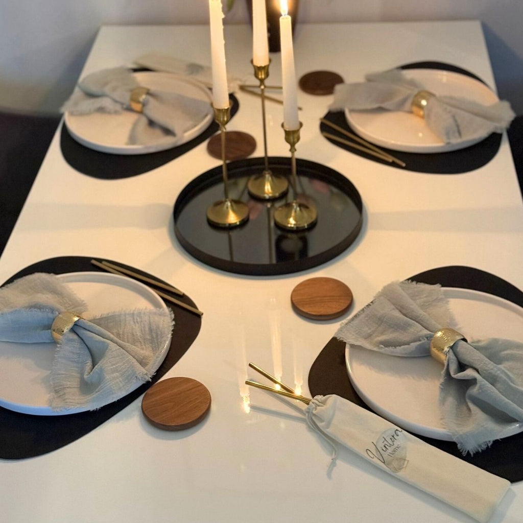 Boho-Tischset aus Mira Mint Serviette und Sira Serviettenring in Gold