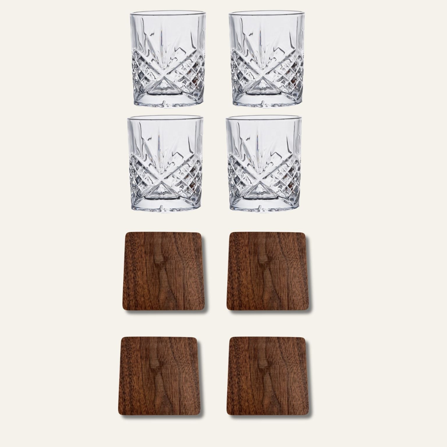 Noah & Walnuss Bundle – 4 Trinkgläser + 4 Untersetzer